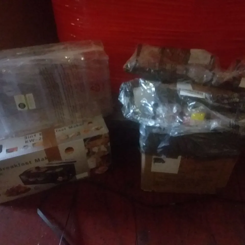 PALLET OF ASSORTED ITEMS INCLUDING BREAKFAST MACHINE, STATIONARY BINS, COAT HANGERS, POWERWASHER