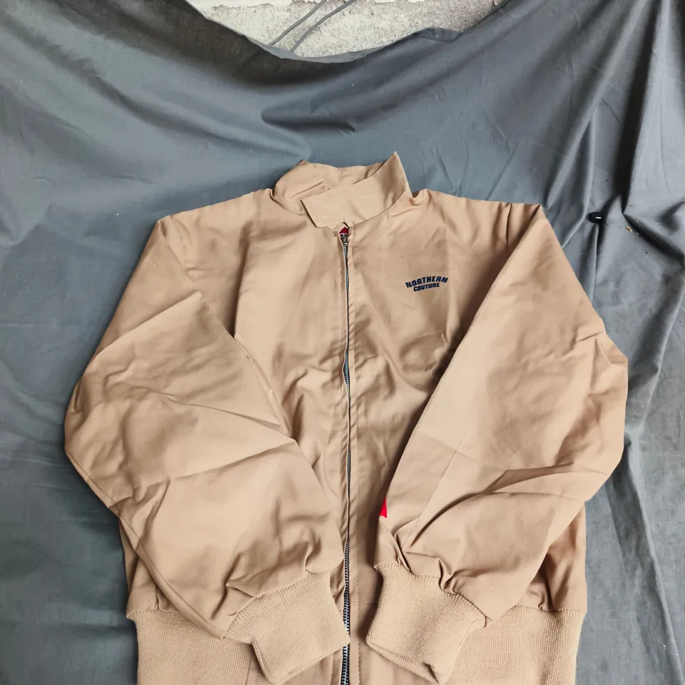 NORTHERN COUTURE BOMBER JACKET – TAN, ZIP FRONT, RIBBED HEM & CUFFS – UK MEDIUM