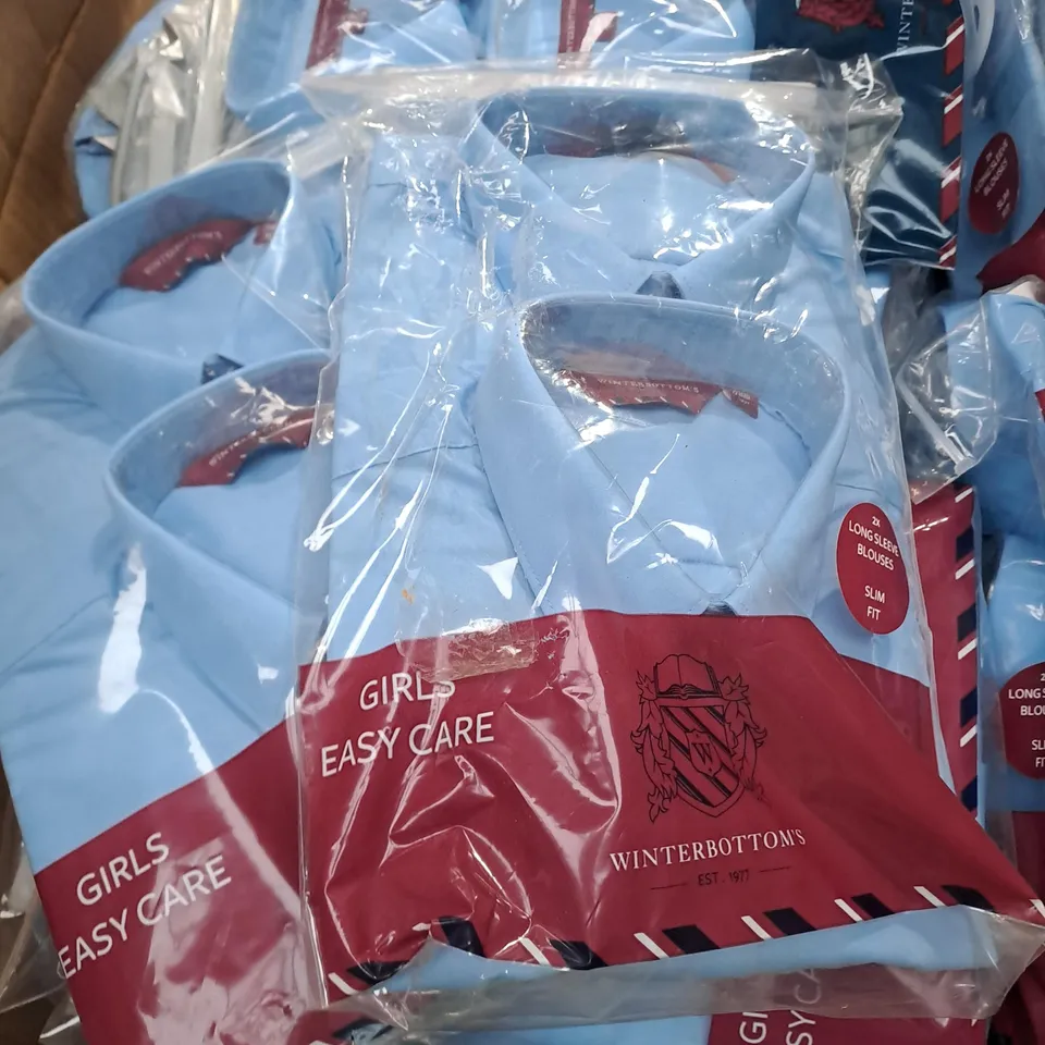 BOX OF APPROXIMETLY 50 2PACK WINTERBOTTOM'S SCHOOL SHIRTS IN BLUE ASSORTED SIZES