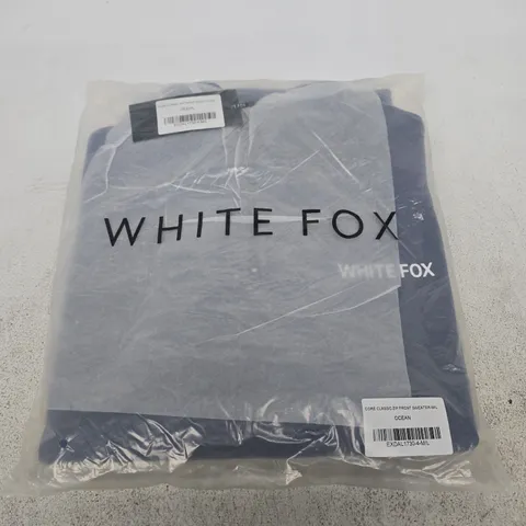 BAGGED WHITE FOX CORE CLASSIC ZIP FRONT SWEATER – OCEAN, SIZE M/L