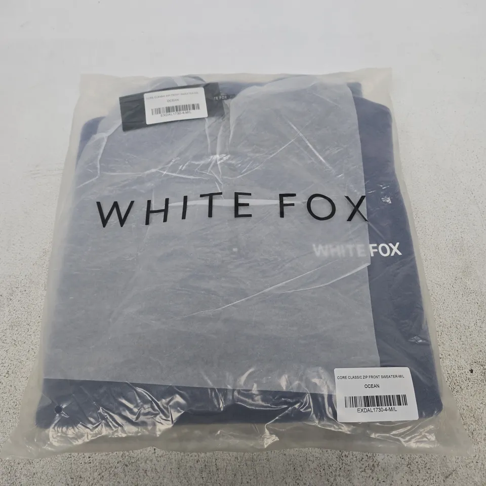 BAGGED WHITE FOX CORE CLASSIC ZIP FRONT SWEATER – OCEAN, SIZE M/L