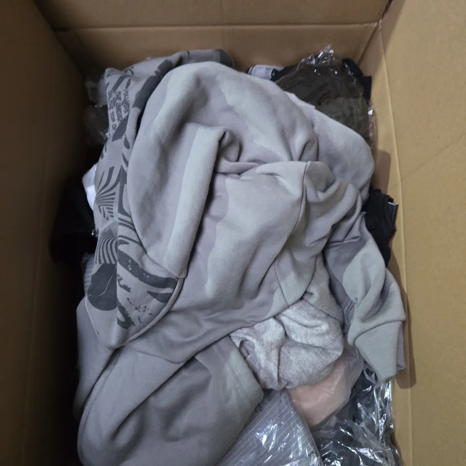 LARGE BOX OF ASSORTED CLOTHING ITEMS IN VARIOUS SIZES, STYLES AND COLOUR 