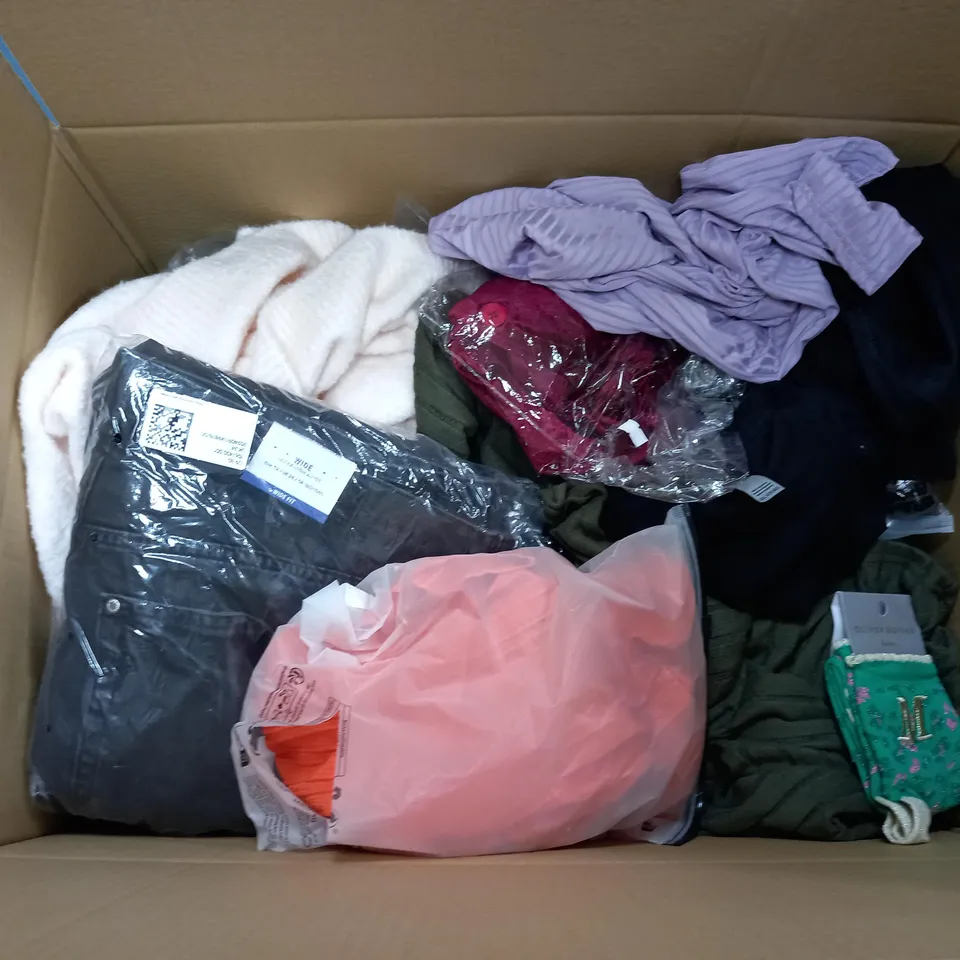 LARGE BOX OF ASSORTED CLOTHING ITEMS IN VARIOUS COLOURS AND SIZES INCLUDING TROUSERS , TOPS AND JUMPERS 