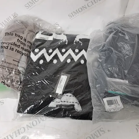 LARGE BOX OF ASSORTED CLOTHING ITEMS IN VARIOUS COLOURS AND SIZES INCLUDING TROUSERS , TOPS AND JUMPERS