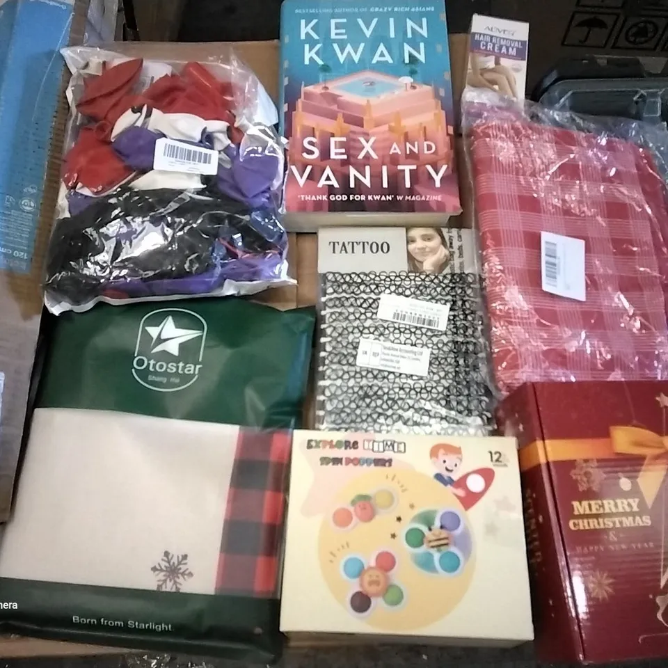 PALLET OF ASSORTED ITEMS INCLUDING SPIN POPPER KIDS TOYS, CHRISTMAS THROW PILLOW COVERS, HALLOWEEN BALLOON SET, HAIR REMOVAL CREAM, SEX AND VANITY BOOK, SCENTED CANDLES GIFT SET