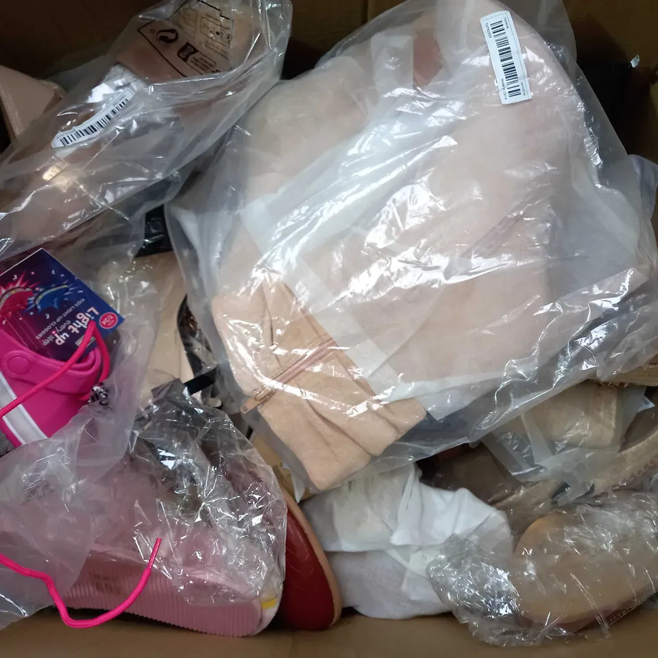 BOX OF APPROXIMATELY 25 ASSORTED SHOES TO INCLUDE - UNBRANDED OPEN TOE BLACK HEALS - TOWN & COUNTRY LIGHT UP PINK CROCS - UNBRANDED BLACK GLOSS SLIP ON SHOE ECT