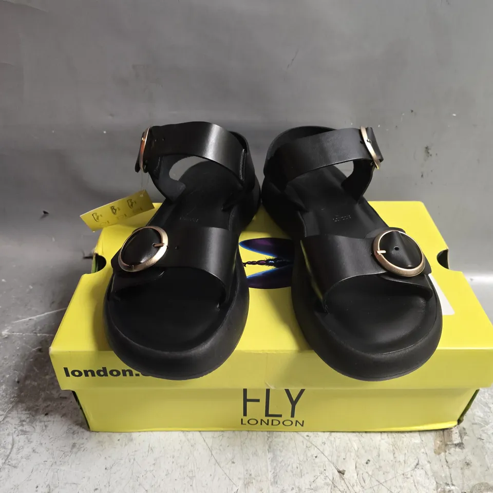 BOXED PAIR OF FLY LONDON BRIDLE SANDALS IN BLACK - UK 5