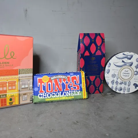 APPROXIMATELY 10 ASSORTED FOOD & DRINK ITEMS TO INCLUDE - TONEYS CHOCOLONELY , DARK CHOCOLATE TRUFFLES , WHITTARD GINGER SNAP OOLONG CHAI ETC
