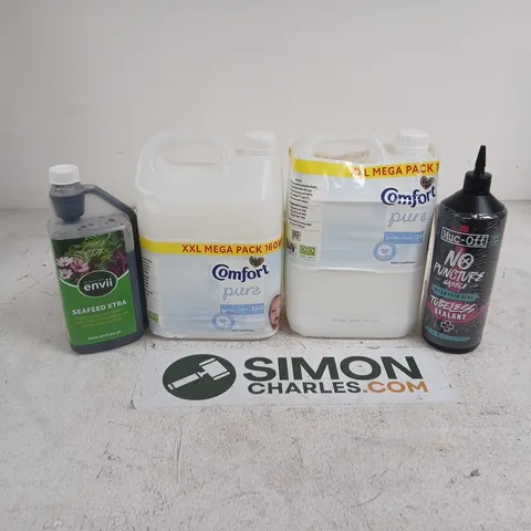 APPROXIMATELY 4 ASSORTED LARGE LIQUIDS TO INCLUDE COMFORT PURE, ENVII SEAFEED XTRA, MUC-OFF TUBELESS SEALANT, ETC