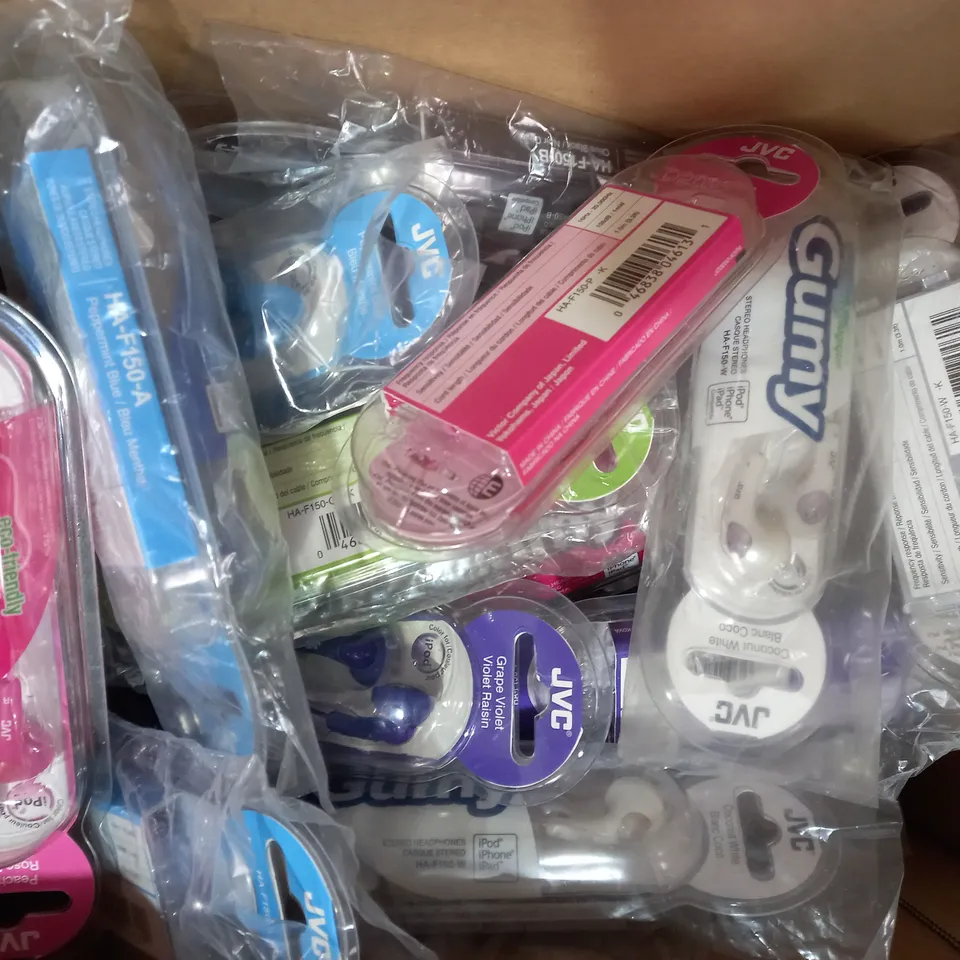 BOX OF APPROXIMATELY 20 ASSORTED JVC GUMY STEREO HEADPHONES IN VARIOUS COLOURS