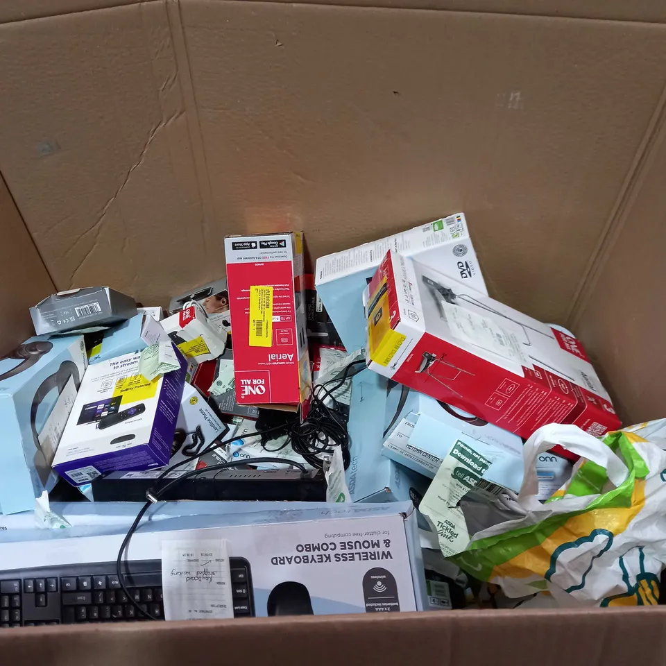 BOX OF APPROXIMATELY 25 ASSORTED ITEMS TO INCLUDE A WIRELESS KEYBOARD, A PERSONAL CD PLAYER AND A LANDLINE