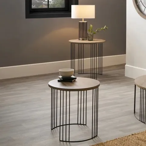 BOXED PACIFIC ATRI S/2 DARK OAK WOOD VENEER AND BLACK METAL SIDE TABLES (1 BOX)