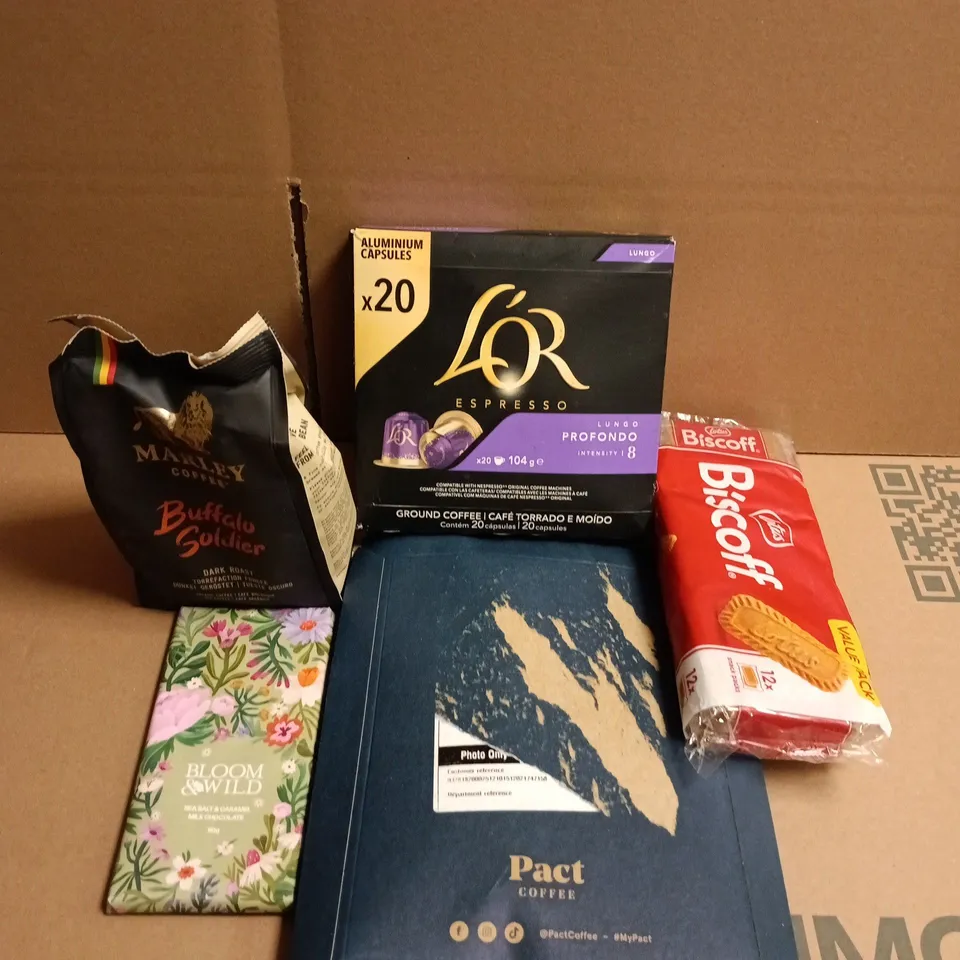 APPROXIMATELY 10 ASSORTED FOOD ITEMS TO INCLUDE BISCOFF, PACT COFFEE AND CHOCOLATE