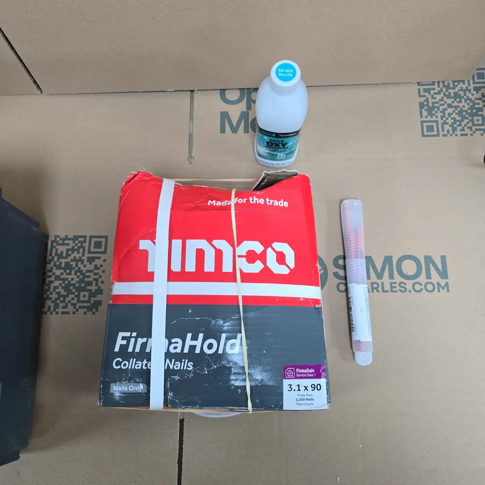 APPROXIMATELY 10 ASSORTED HOUSEHOLD PRODUCTS TO INCLUDE SHARK OXY MULTIPLIER, BOX OF CALLATED NAILS, SAW BLADES