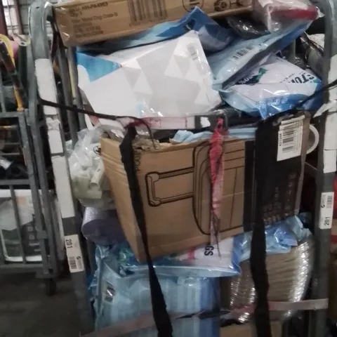 CAGE OF ASSORTED HOUSEHOLD GOODS AND PRODUCTS TO INCLUDE;SUITCASE,PET SEAT BELT,RAKE