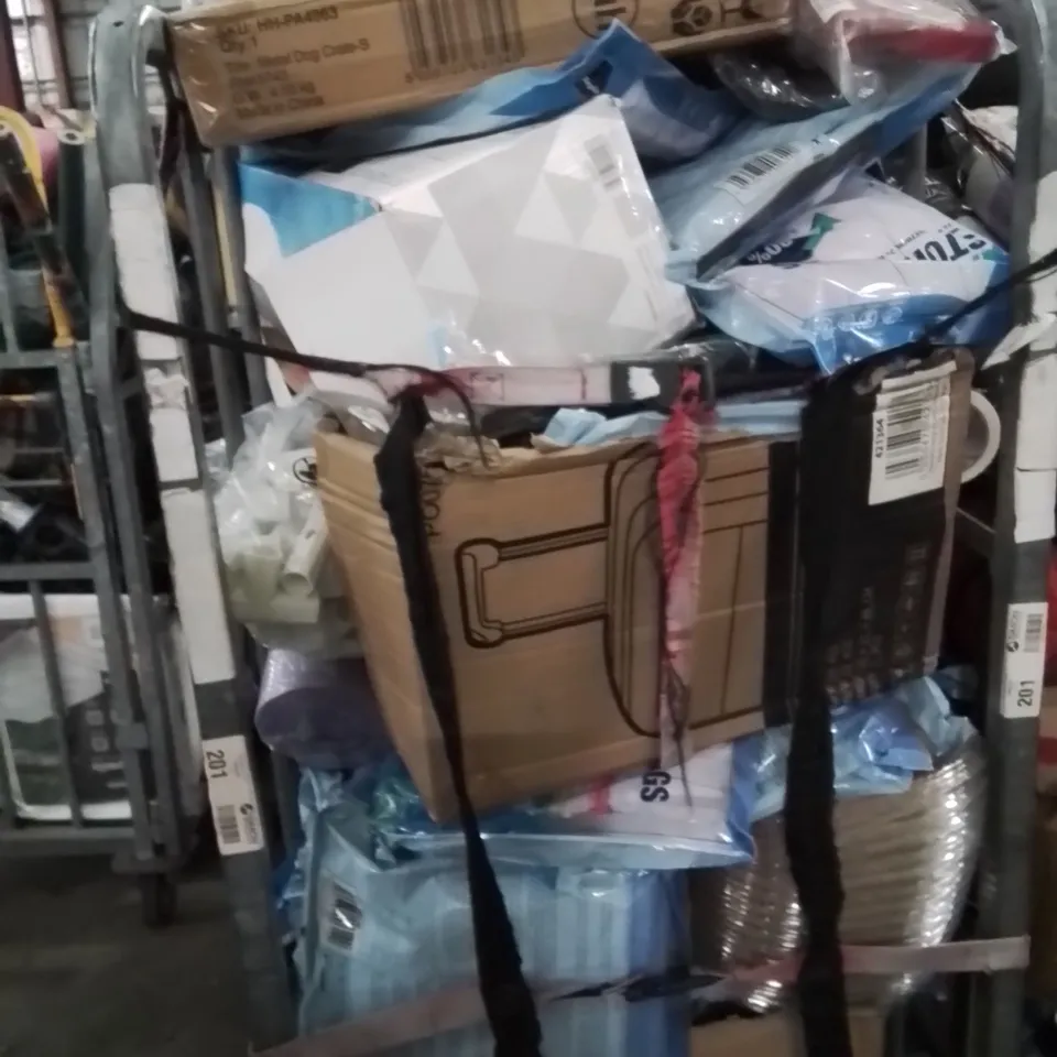 CAGE OF ASSORTED HOUSEHOLD GOODS AND PRODUCTS TO INCLUDE;SUITCASE,PET SEAT BELT,RAKE
