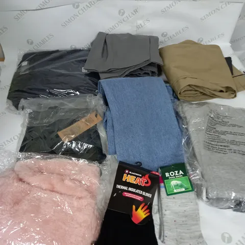 LARGE BOX OF ASSORTED CLOTHING ITEMS IN VARIOUS COLOURS AND SIZES INCLUDING TROUSERS , TOPS AND JUMPERS
