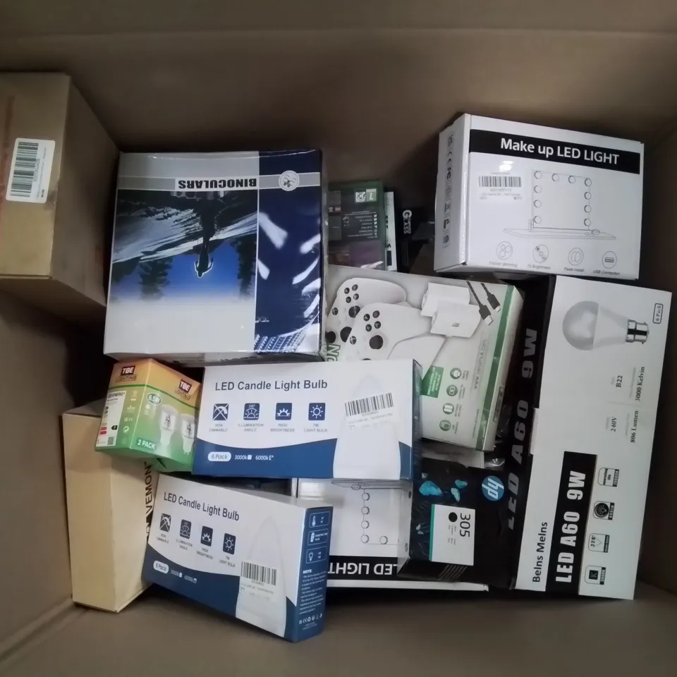 BOX CONTAINING LARGE AMOUNT OF BOXED ELECTRICAL ITEMS TO INCLUDE: LEGO BRAWLS XBOX GAME, XBOX DOCKING STATION, BINOCULARS, PHONE CASES, LIGHT BULBS ETC.