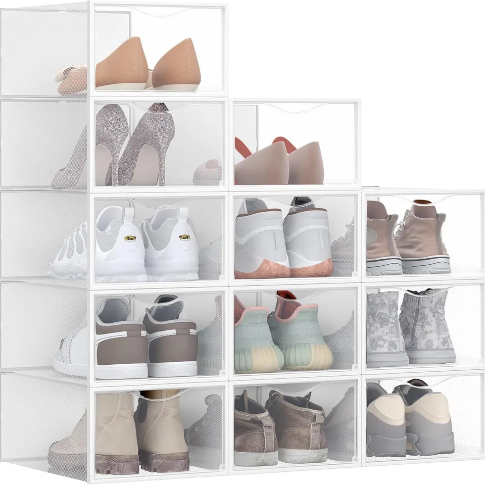 BOXED SONGMICS CLEAR SHOE BOXES, SET OF 12 SHOE STORAGE ORGANSIERS - WHITE