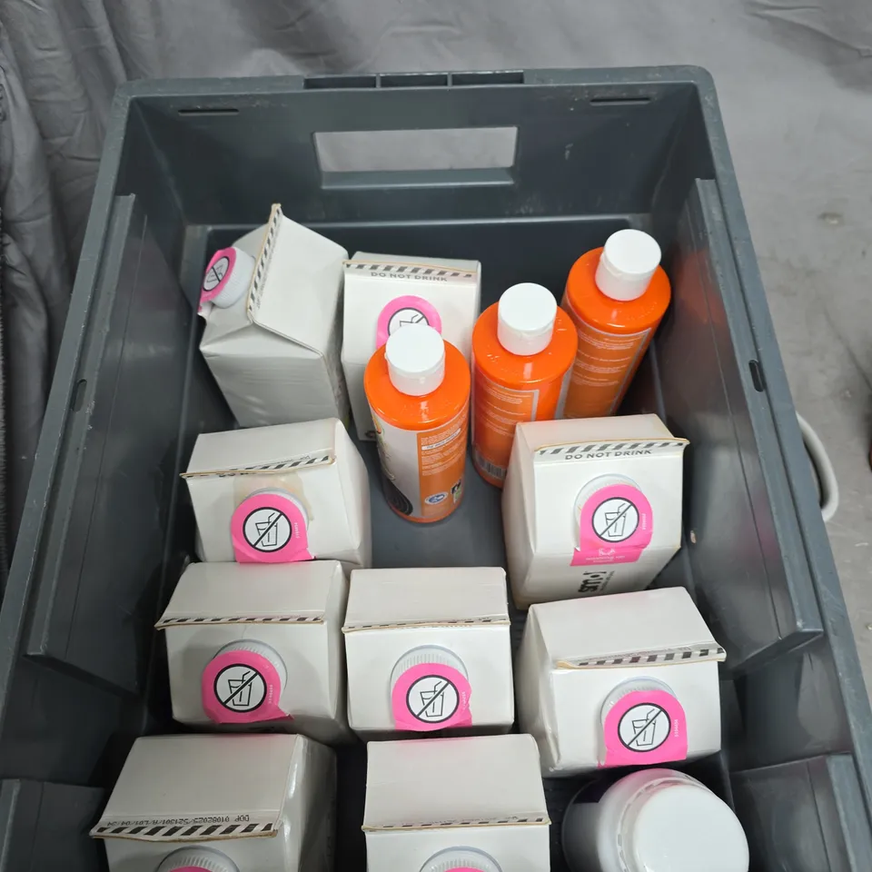 TOTE OF APPROXIMATELY 15 ASSORTED LIQUIDS TO INCLUDE: WATER CONDITIONER AND HOB BRITE