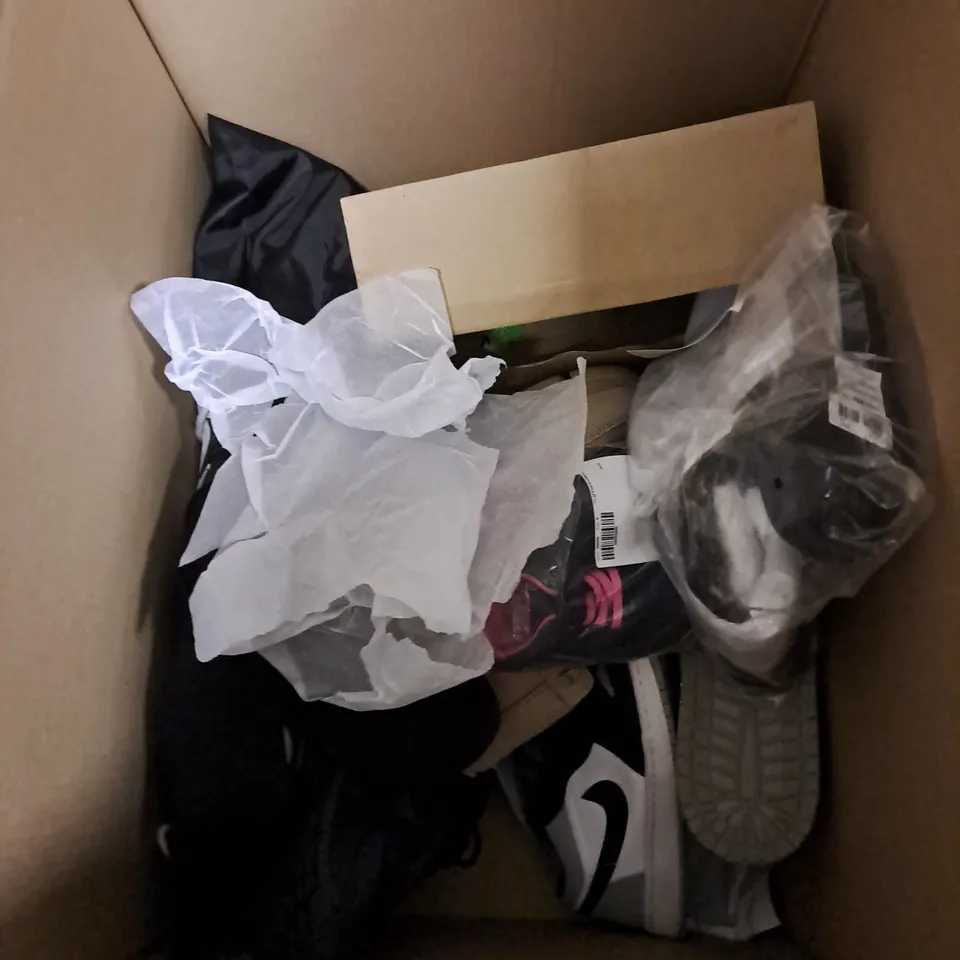 BOX OF APPROXIMATELY 10 PAIRS OF ASSORTED SHOES IN VARIOUS COLOUR, STYLES AND SIZES