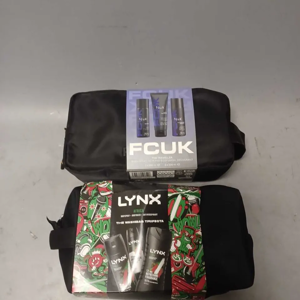 LOT OF 2 ASSORTED COSMETIC BOXSETS TO INCLUDE - FCUK THE TRAVELLER BODY COLLECTION - LYNX AFRICA THE WASHBAG TRIFECTA