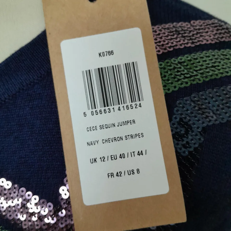 SUGARHILL CECE SEQUIN JUMPER IN NAVY CHEVRON STRIPES - UK 12