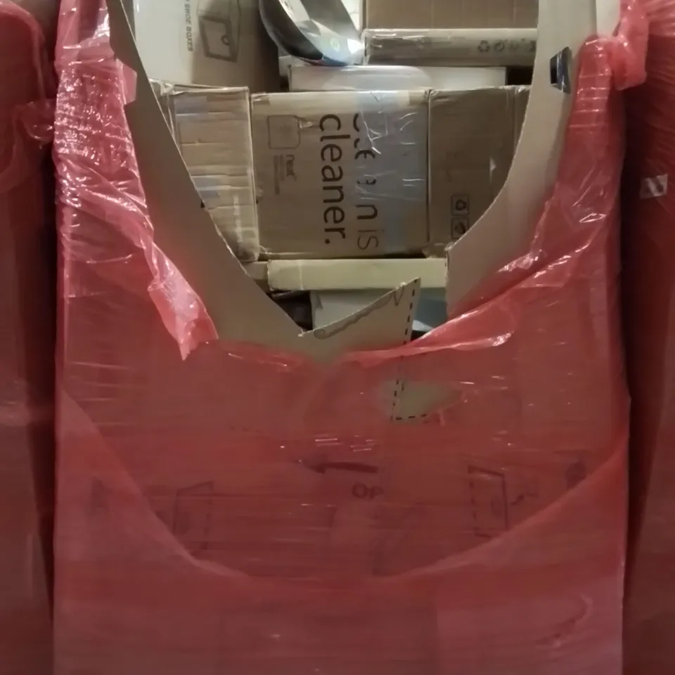 PALLET CONTAINING VARIOUS ASSORTED BOXED HOUSEHOLD ITEMS TO INCLUDE: STEAM CLEANER,  SHOE BOXES, TOILET SEATS, CRAFT WOK,  AND LOTS MORE UNMARKED BOXED ITEMS 