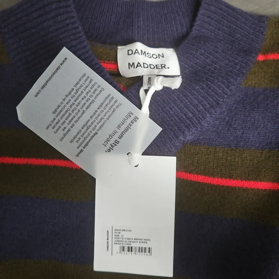 DAMSON MADDER STRIPED KNIT JUMPER – PURPLE & NAVY WITH OLIVE & RED STRIPES (WOMEN) SIZE 12