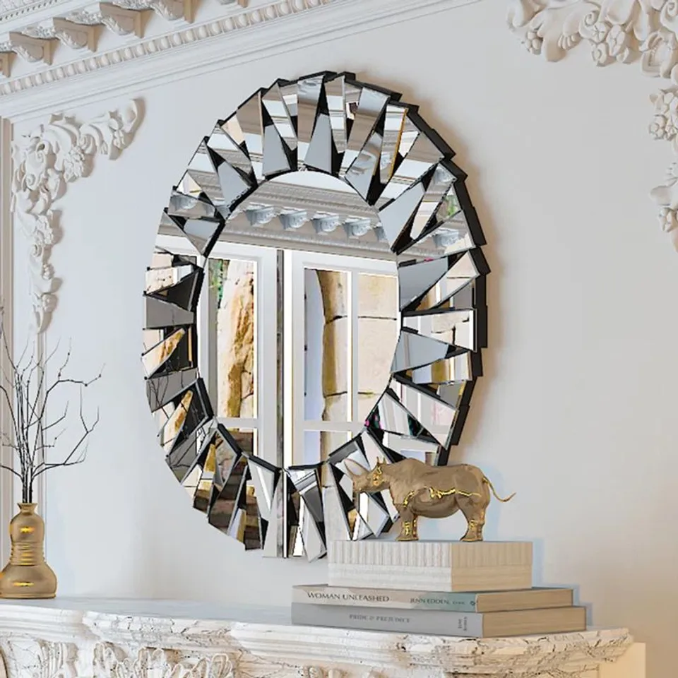 BOXED ALBANA ROUND WOOD FRAMED WALL MOUNTED ACCENT MIRROR IN SILVER