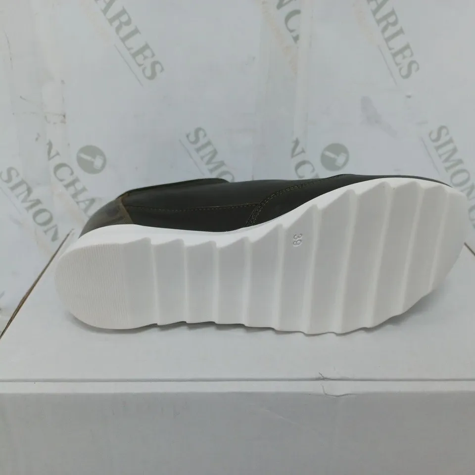 BOXED PAIR OF RUTH LANGSFORD WEDGE TRAINERS IN KHAKI SIZE 6