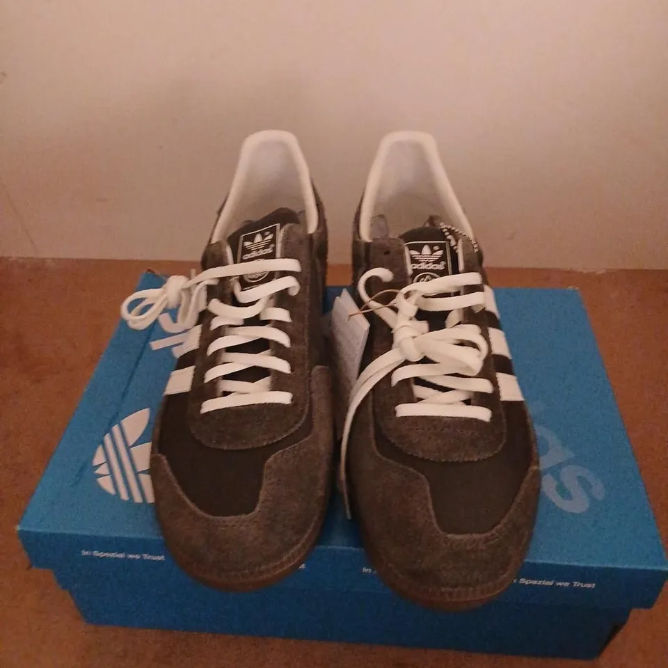 ADIDAS WENSLEY SPZL SNEAKERS – UK 10 (US 10.5), BROWN SUEDE WITH WHITE STRIPES