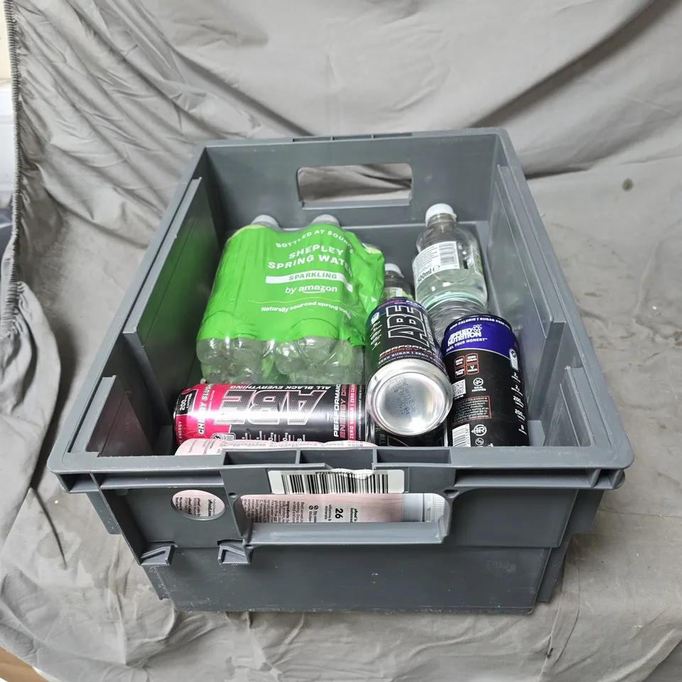 TOTE OF APPROXIMATELY 10 ASSORTED FOOD AND DRINK ITEMS TO INCLUDE ABE "ALL BLACK EVERYTHING" ENERGY DRINK, YFOOD FRESH BERRY FLAVOUR, SHEPLEY SPRING WATER SPARKLING ETC