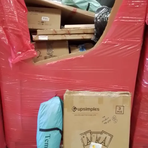 PALLET CONTAINING VARIOUS ASSORTED BOXED HOUSEHOLD ITEMS TO INCLUDE: CAMPING CHAIRS, PICTURE FRAME SET, CEILING FANS WITH LIGHTS, WATER BUTT, WORLD CORK BOARD AND LOTS MORE UNMARKED BOXED ITEMS 