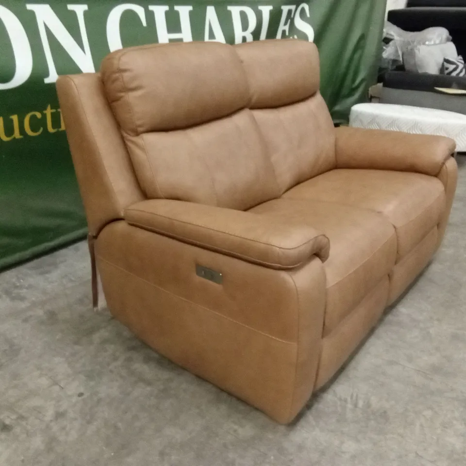 QUALITY DESIGNER SMALL 2 SEATER POWER RECLINER LEATHER SOFA - TAN