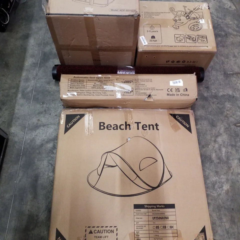 PALLET OF ASSORTED PRODUCTS INCLUDING BEACH TENT, AIR FRYER, BUGGY BOARD, FLOOR MAT, AUTOMATIC FAST OPEN TENT