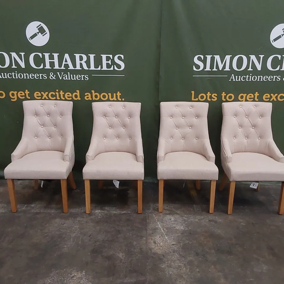 SET OF 4 DUKE OATMEAL FABRIC BUTTON BACK DINING CHAIRS WITH OAK LEGS 