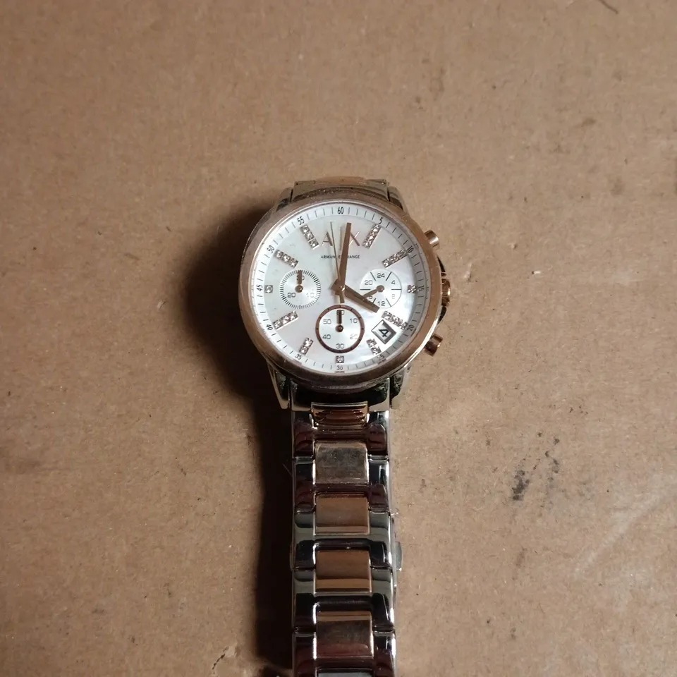 ARMANI EXCHANGE AX CHRONOGRAPH STAINLESS STEEL WATCH – WHITE DIAL, ROSE GOLD ACCENTS