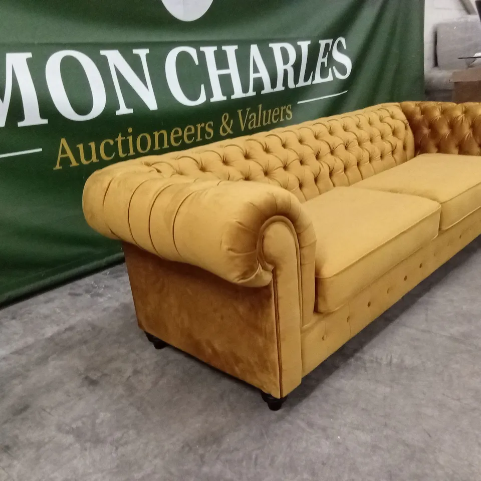 QUALITY DESIGNER 4 SEATER VELVET CHESTERFIELD SOFA - HONEY
