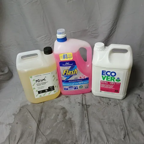 APPROXIMATELY 4 ASSORTED HOUSEHOLD LIQUID PRODUCTS TO INCLUDE ECO VER REFILL 166 WASHES, FLASH ALL PURPOSE CLEANER 5L, MINIML HAND SOAP 5L