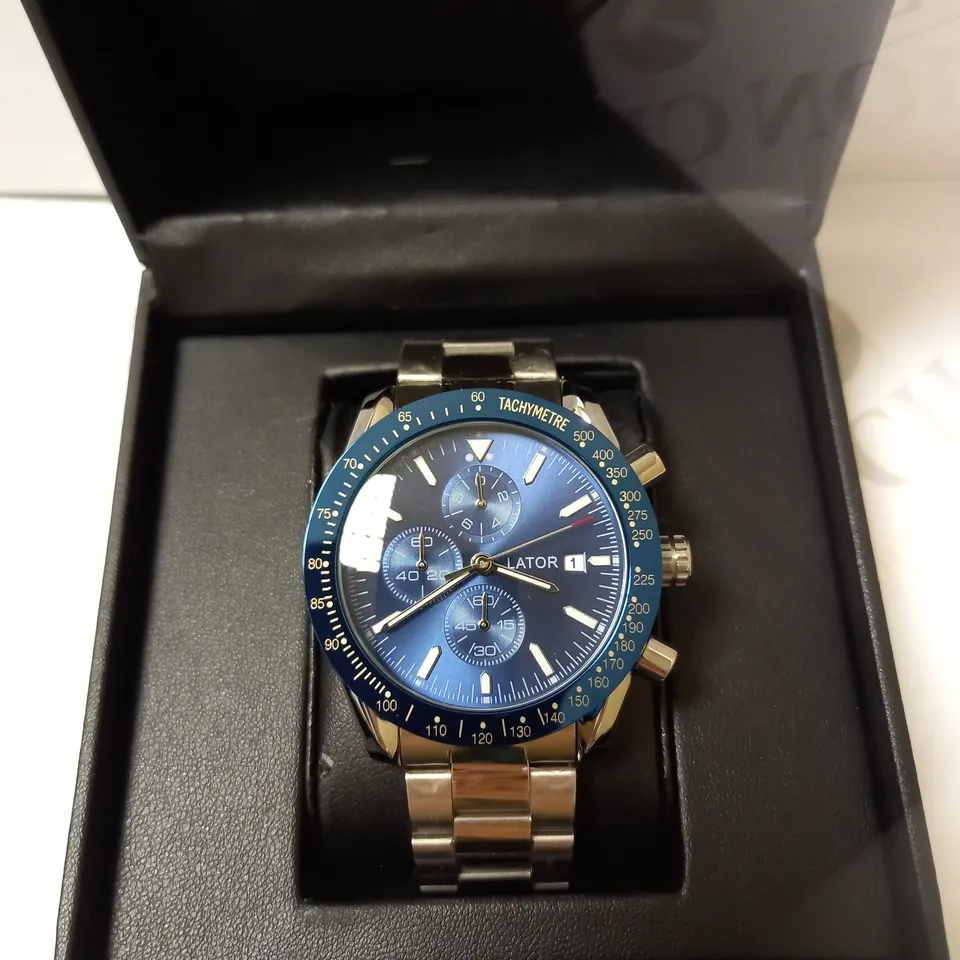 LATOR CALIBRE TACHYMETRE BLUE DIAL CHRONOGRAPH STYLE BRACELET STRAP WATCH RRP £635