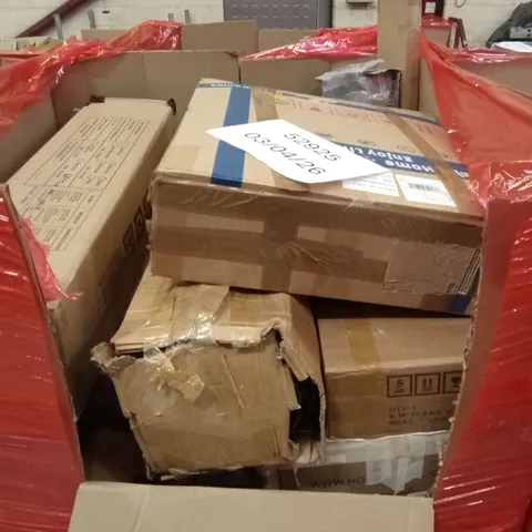 PALLET OF ASSORTED HOUSEHOLD GOODS AND PRODUCTS TO INCLUDE; MULTIFUNCTIONAL GYM BENCH, BABY PLAYPEN, BOXED FLATPACK FURNITURE ETC