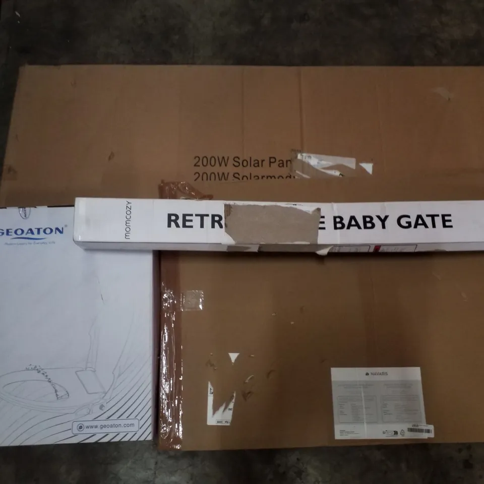 PALLET OF ASSORTED PRODUCTS INCLUDING 200W SOLAR PANEL, RETRACTABLE BABY GATE, TOILET BIDET, MAGNETIC MEMO BOARD