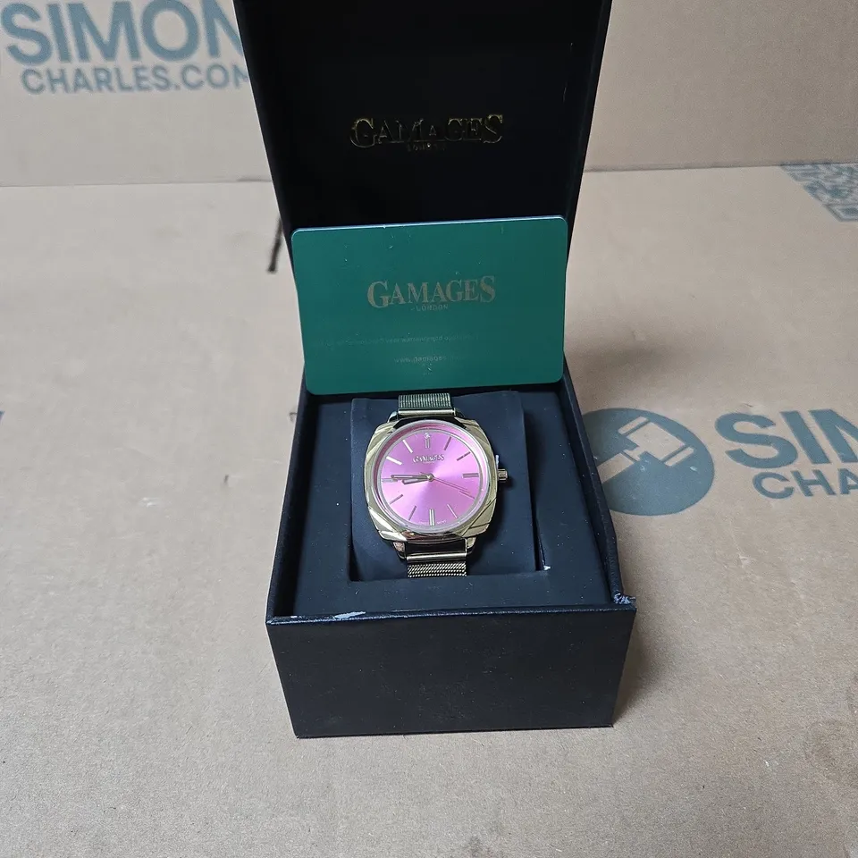 GAMAGES LONDON PASSIONATE DIAMOND PINK WATCH IN BLACK BOX