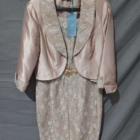 ZEILA COLLECTION TWO PIECE JACKET & DRESS IN FLORAL DESIGN IN NUDE - UK 12