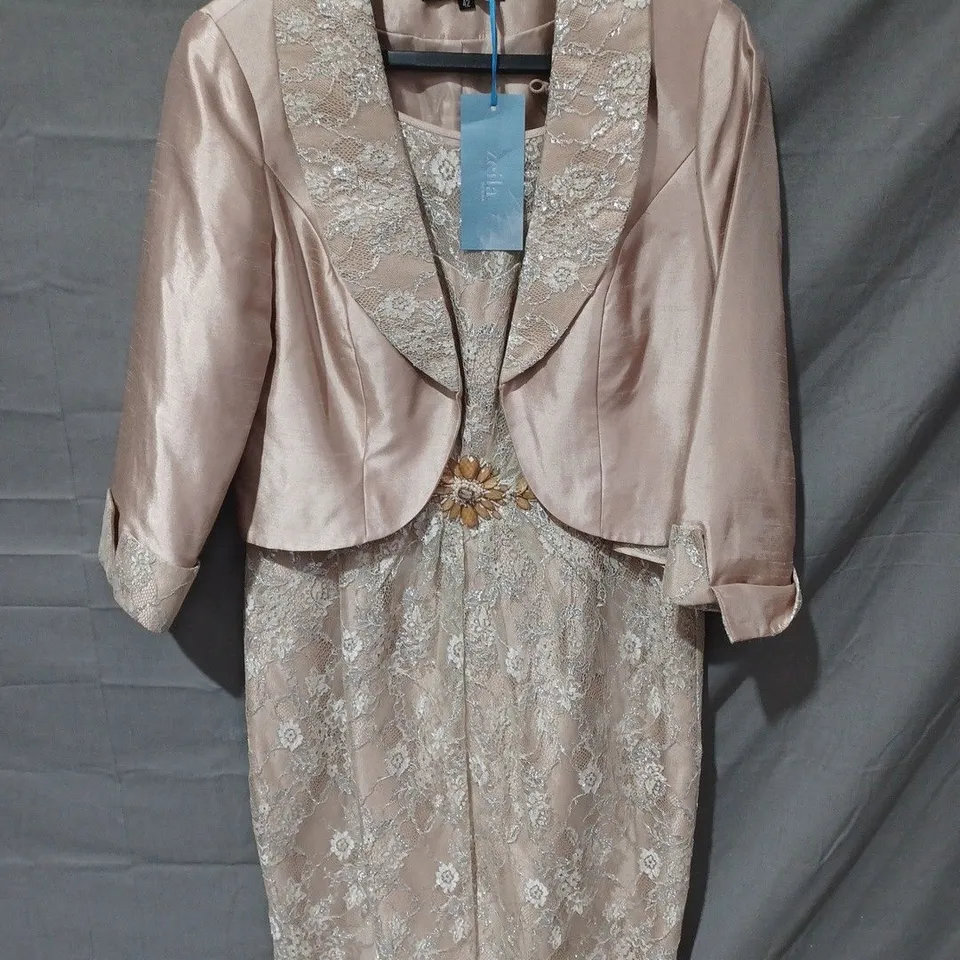 ZEILA COLLECTION TWO PIECE JACKET & DRESS IN FLORAL DESIGN IN NUDE - UK 12