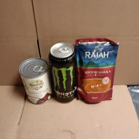 APPROXIMATELY 12 ASSORTED FOOD AND DRINKS ITEMS TO INCLUDE - ORGANIC COCONUT MILK, MONSTER ORIGINAL, TANDOORI MASALA POWDER ETC 