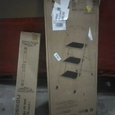 PALLET OF ASSORTED ITEMS INCLUDING- PULL UP BAR, STEP LADDER