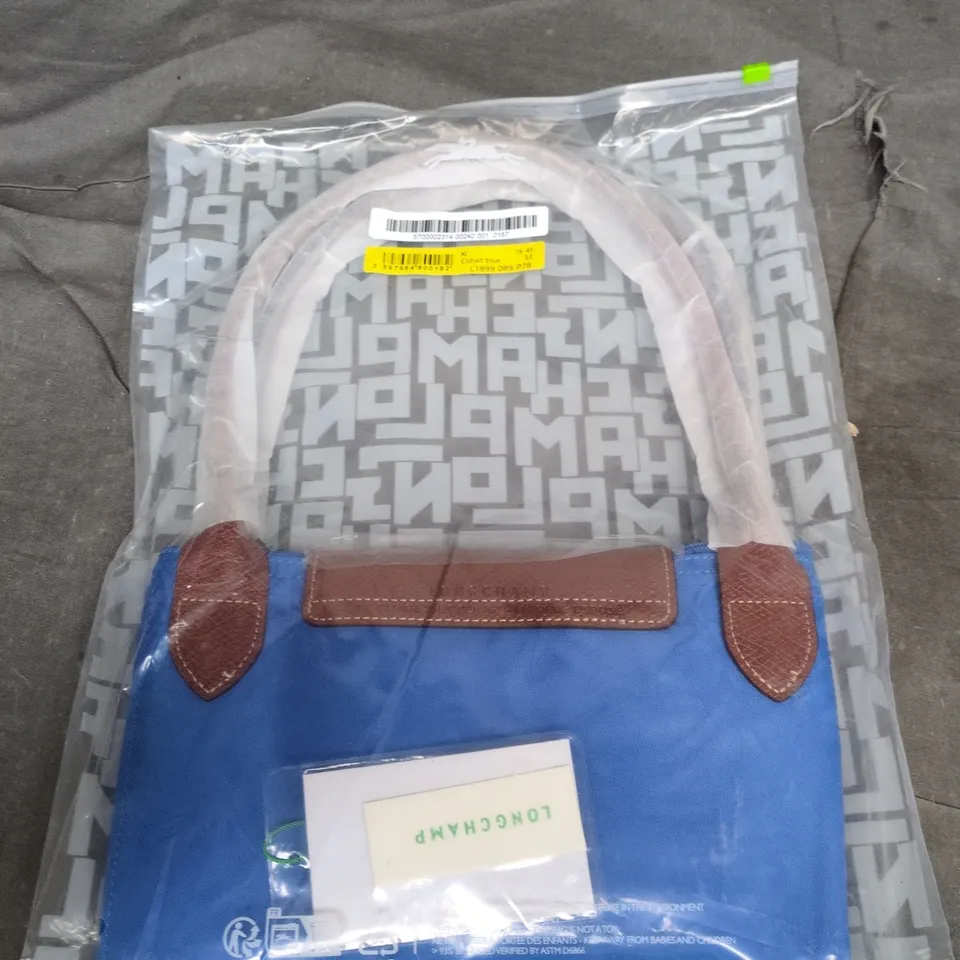 LONGCHAMP BLUE NYLON HANDBAG WITH BROWN LEATHER TRIM