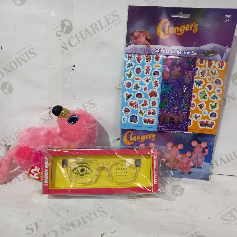 BOX OF APPROXIMATELY 10 ASSORTED TOYS AND GAMES TO INCLUDE CLANGERS STICKER SET, SOFT FLAMINGO PLUSH TOY, LONDON MOLE REAING GLASSES, ETC
